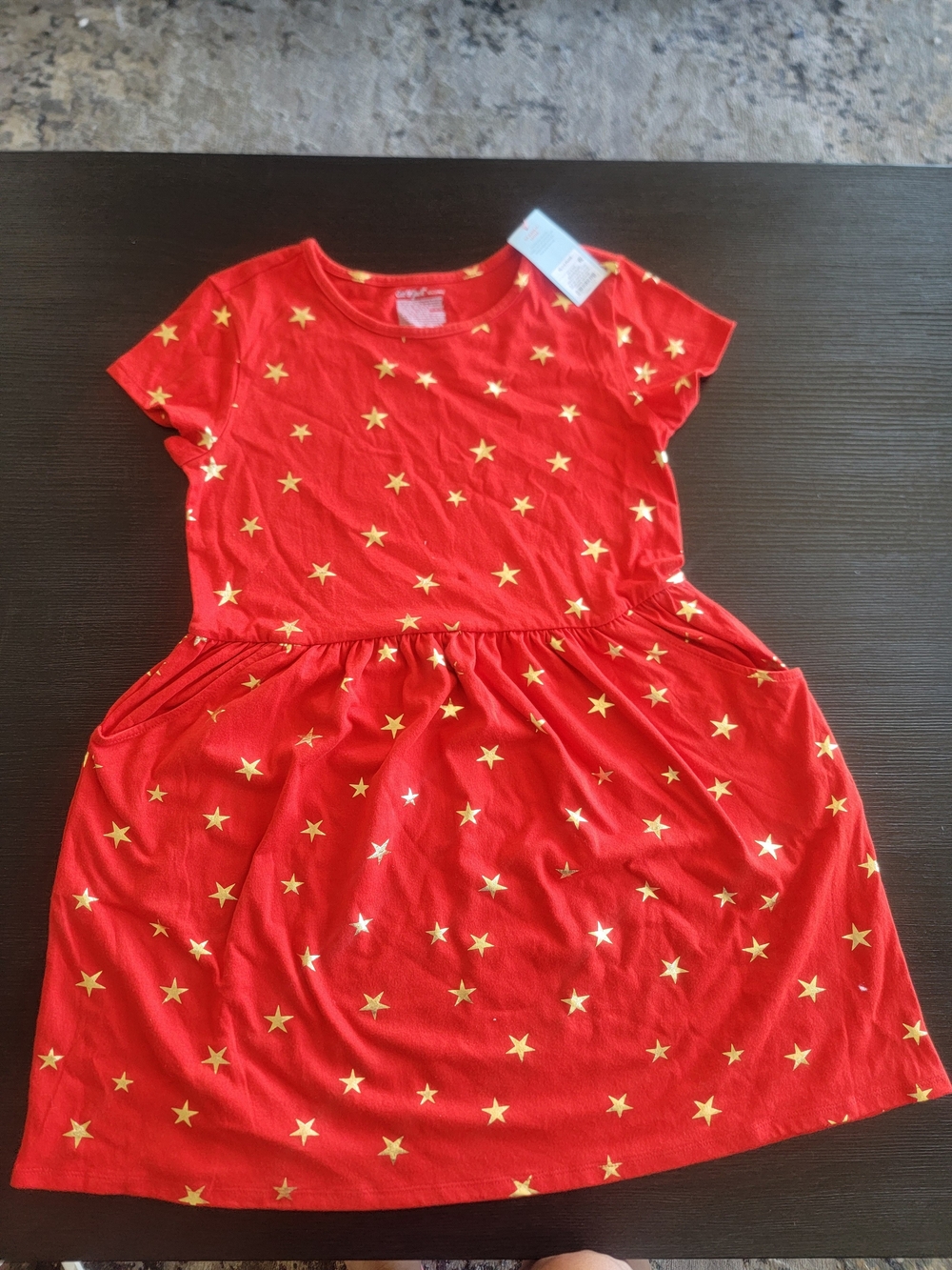 Cat & Jack Girls Red Star Print, Short sleeve Dress with Pockets XL(14/16)
